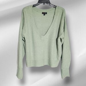Ambiance Green V-Neck Sweater Ribbed Knit Relaxed Fit
